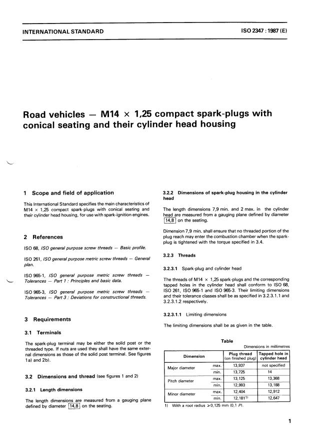 ISO 2347:1987 - Road vehicles -- M14 x 1,25 compact spark-plugs with conical seating and their cylinder head housing