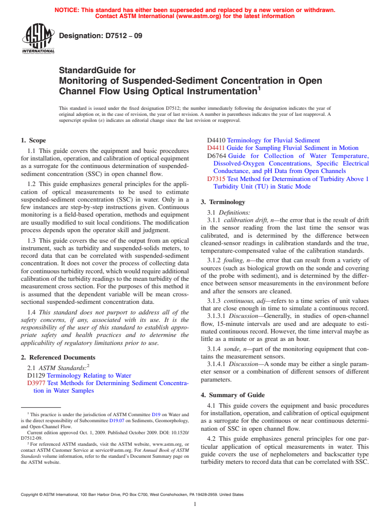 ASTM D7512-09 - Standard Guide for Monitoring of Suspended-Sediment Concentration in Open Channel Flow Using Optical Instrumentation