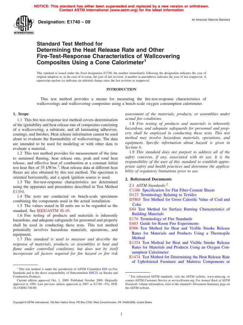 ASTM E1740-09 - Standard Test Method for Determining the Heat Release Rate and Other Fire-Test-Response Characteristics of Wallcovering Composites Using a Cone Calorimeter