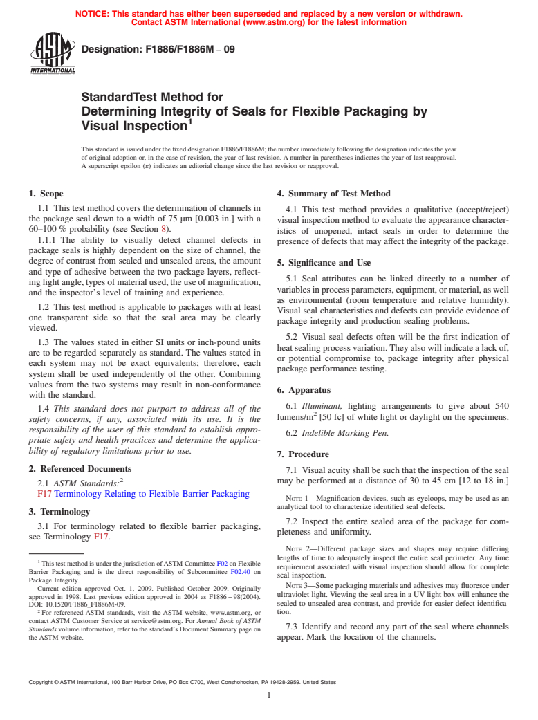 ASTM F1886/F1886M-09 - Standard Test Method for Determining Integrity of Seals for Flexible Packaging by Visual Inspection