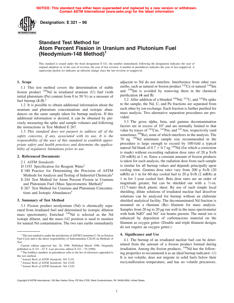 ASTM E321-96 - Standard Test Method for Atom Percent Fission in Uranium and Plutonium Fuel (Neodymium-148 Method)