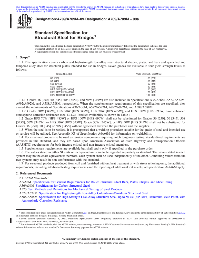 REDLINE ASTM A709/A709M-09a - Standard Specification for  Structural Steel for Bridges