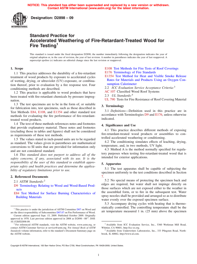 ASTM D2898-09 - Standard Practice for Accelerated Weathering of Fire-Retardant-Treated Wood for Fire Testing