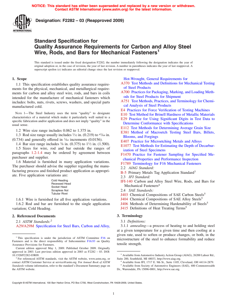 ASTM F2282-03(2009) - Standard Specification for Quality Assurance Requirements for Carbon and Alloy Steel Wire, Rods, and Bars for Mechanical Fasteners