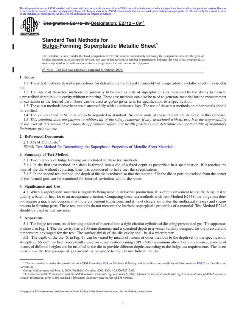 REDLINE ASTM E2712-09e1 - Standard Test Methods for Forming Superplastic Metallic Sheet