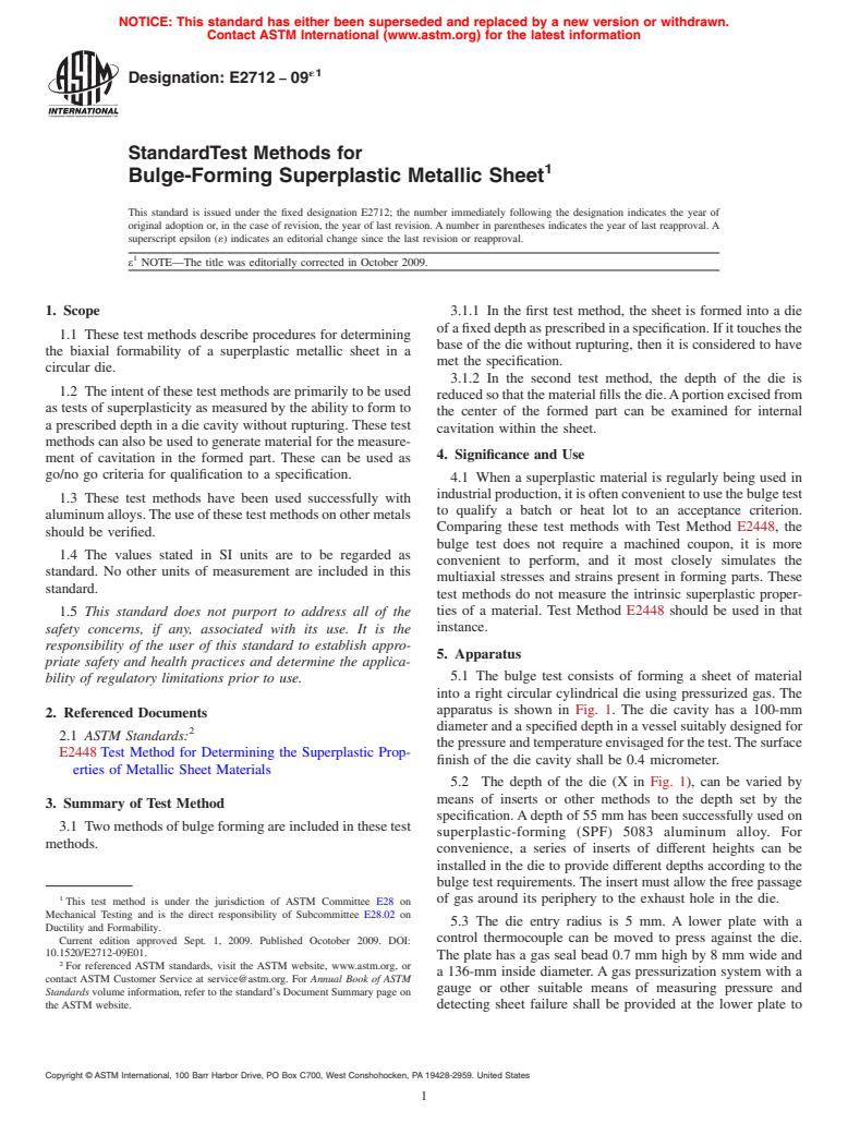 ASTM E2712-09e1 - Standard Test Methods for Forming Superplastic Metallic Sheet