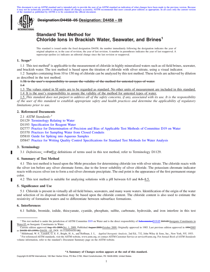 REDLINE ASTM D4458-09 - Standard Test Method for Chloride Ions in Brackish Water, Seawater, and Brines