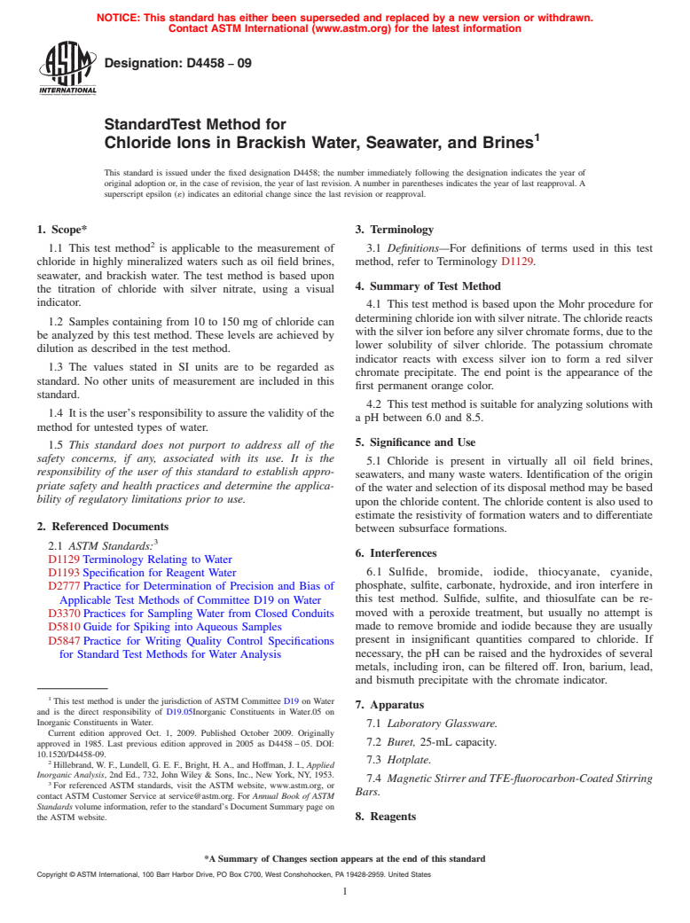 ASTM D4458-09 - Standard Test Method for Chloride Ions in Brackish Water, Seawater, and Brines