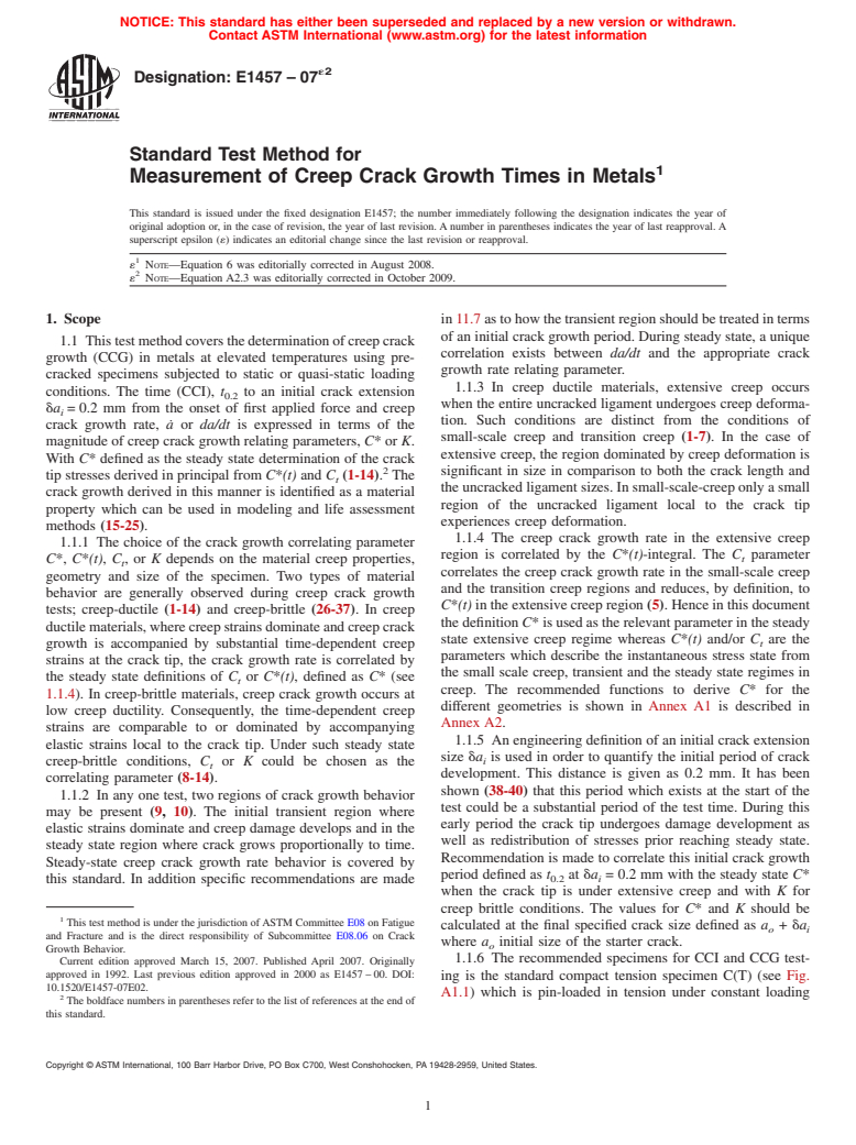 ASTM E1457-07e2 - Standard Test Method for Measurement of Creep Crack Growth Times in Metals