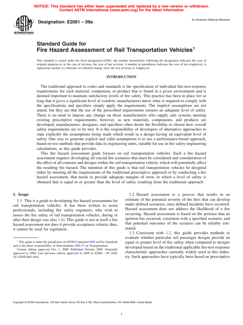ASTM E2061-09a - Standard Guide for Fire Hazard Assessment of Rail Transportation Vehicles