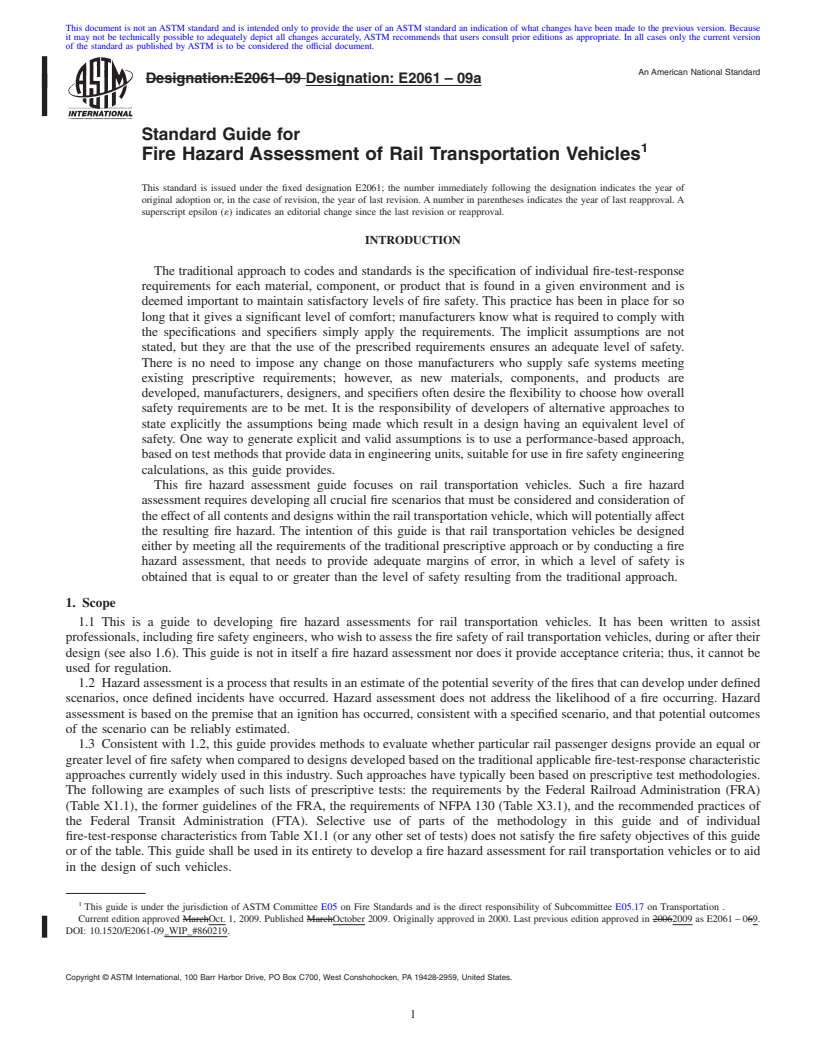 REDLINE ASTM E2061-09a - Standard Guide for Fire Hazard Assessment of Rail Transportation Vehicles