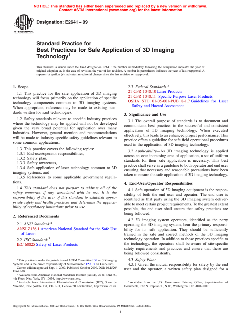 ASTM E2641-09 - Standard Practice for Best Practices for Safe Application of 3D Imaging Technology