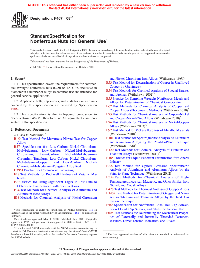 ASTM F467-08e1 - Standard Specification for  Nonferrous Nuts for General Use