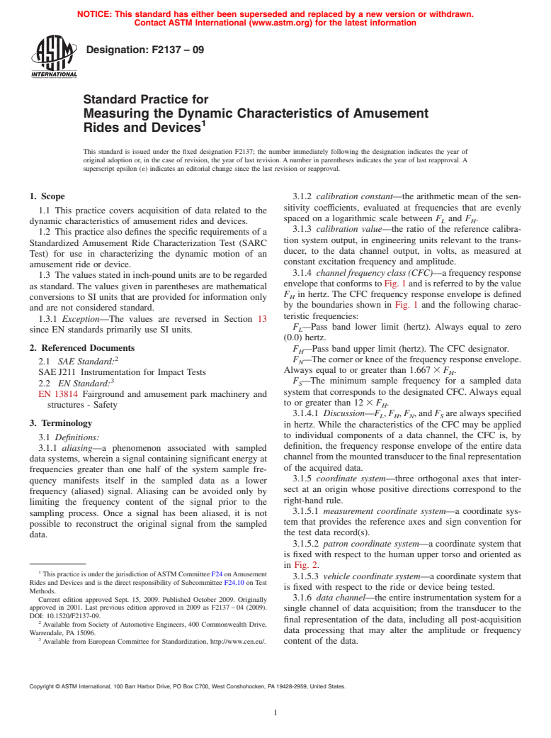 ASTM F2137-09 - Standard Practice for Measuring the Dynamic Characteristics of Amusement Rides and Devices