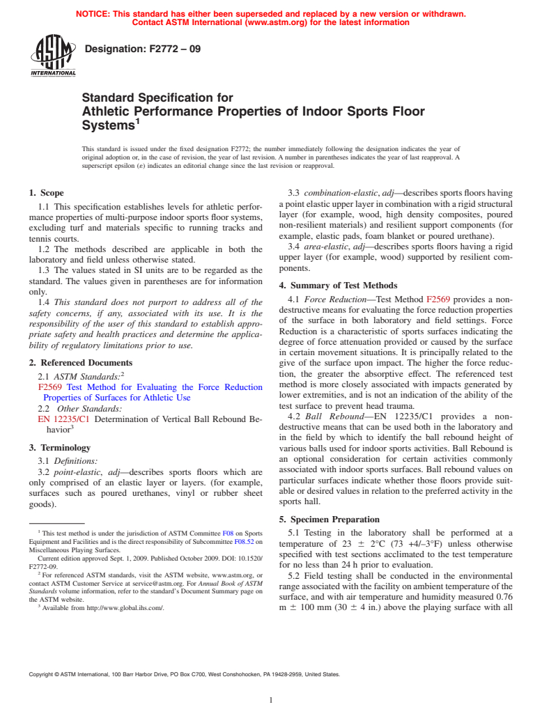 ASTM F2772-09 - Standard Specification for Athletic Performance Properties of Indoor Sports Floor Systems