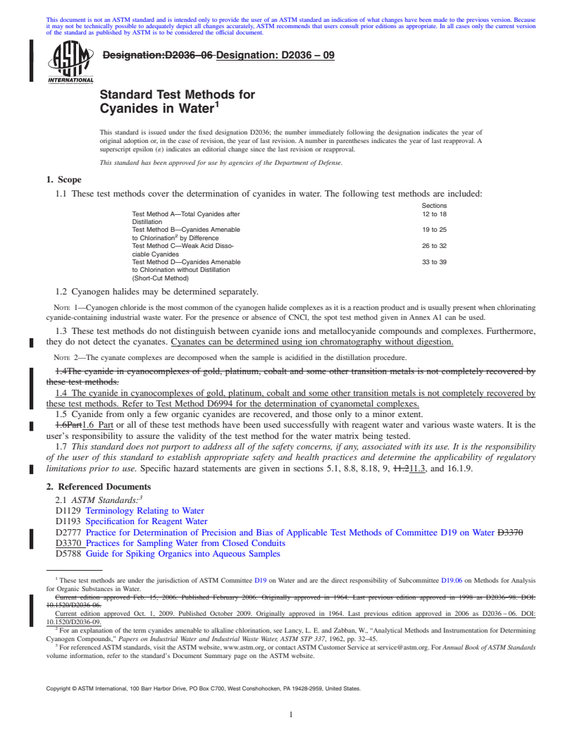 REDLINE ASTM D2036-09 - Standard Test Methods for Cyanides in Water