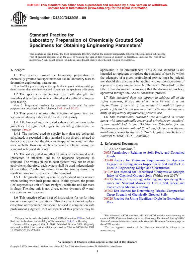 ASTM D4320/D4320M-09 - Standard Practice for Laboratory Preparation of Chemically Grouted Soil Specimens for Obtaining Engineering Parameters (Withdrawn 2018)