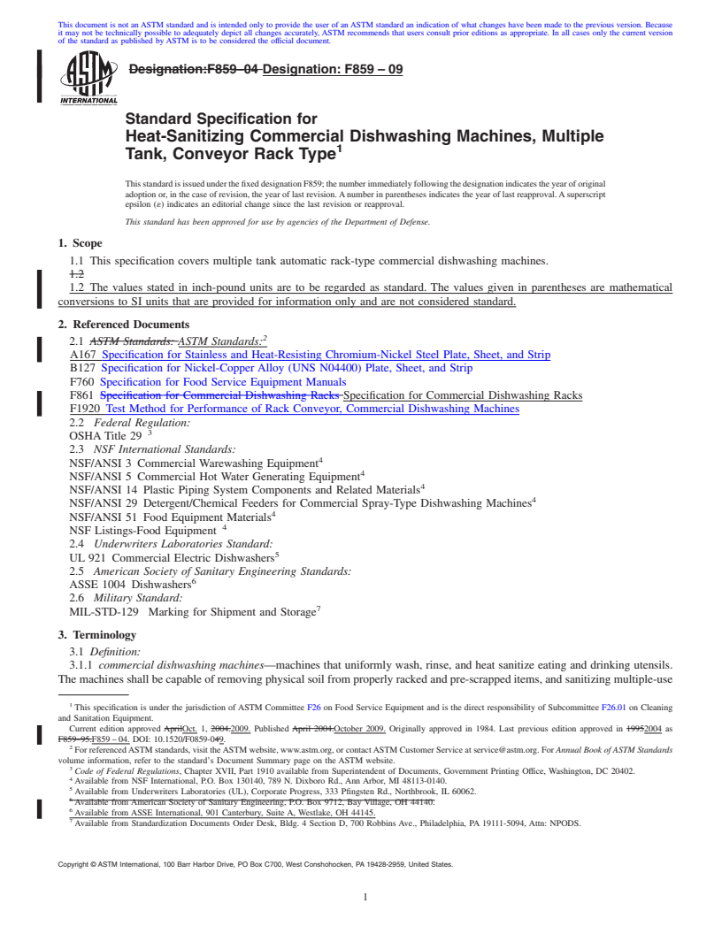 REDLINE ASTM F859-09 - Standard Specification for Heat-Sanitizing Commercial Dishwashing Machines, Multiple Tank, Conveyor Rack Type