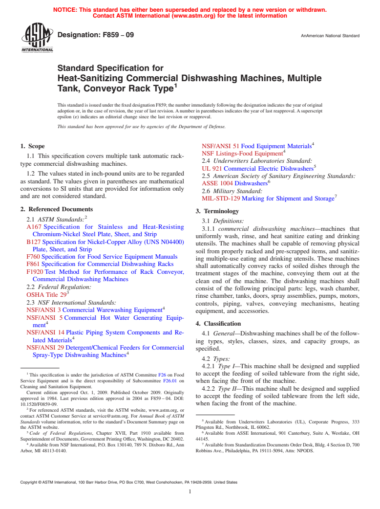 ASTM F859-09 - Standard Specification for Heat-Sanitizing Commercial Dishwashing Machines, Multiple Tank, Conveyor Rack Type