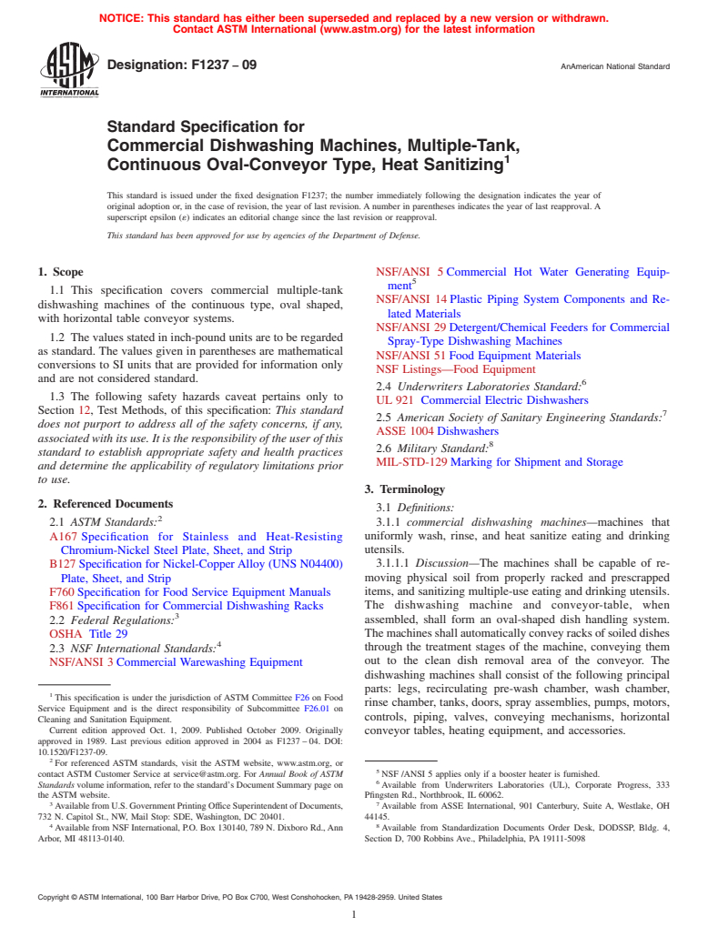 ASTM F1237-09 - Standard Specification for Commercial Dishwashing ...