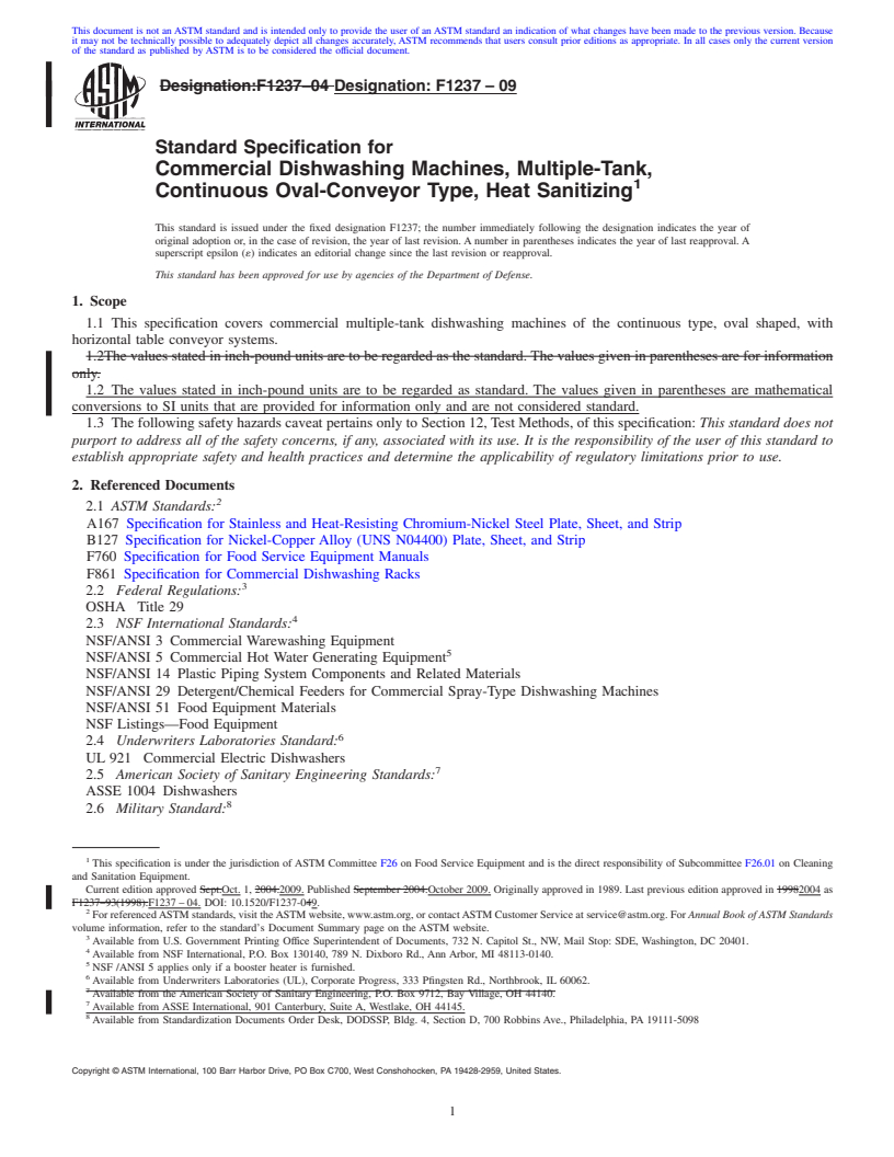 REDLINE ASTM F1237-09 - Standard Specification for Commercial Dishwashing Machines, Multiple-Tank, Continuous Oval-Conveyor Type, Heat Sanitizing