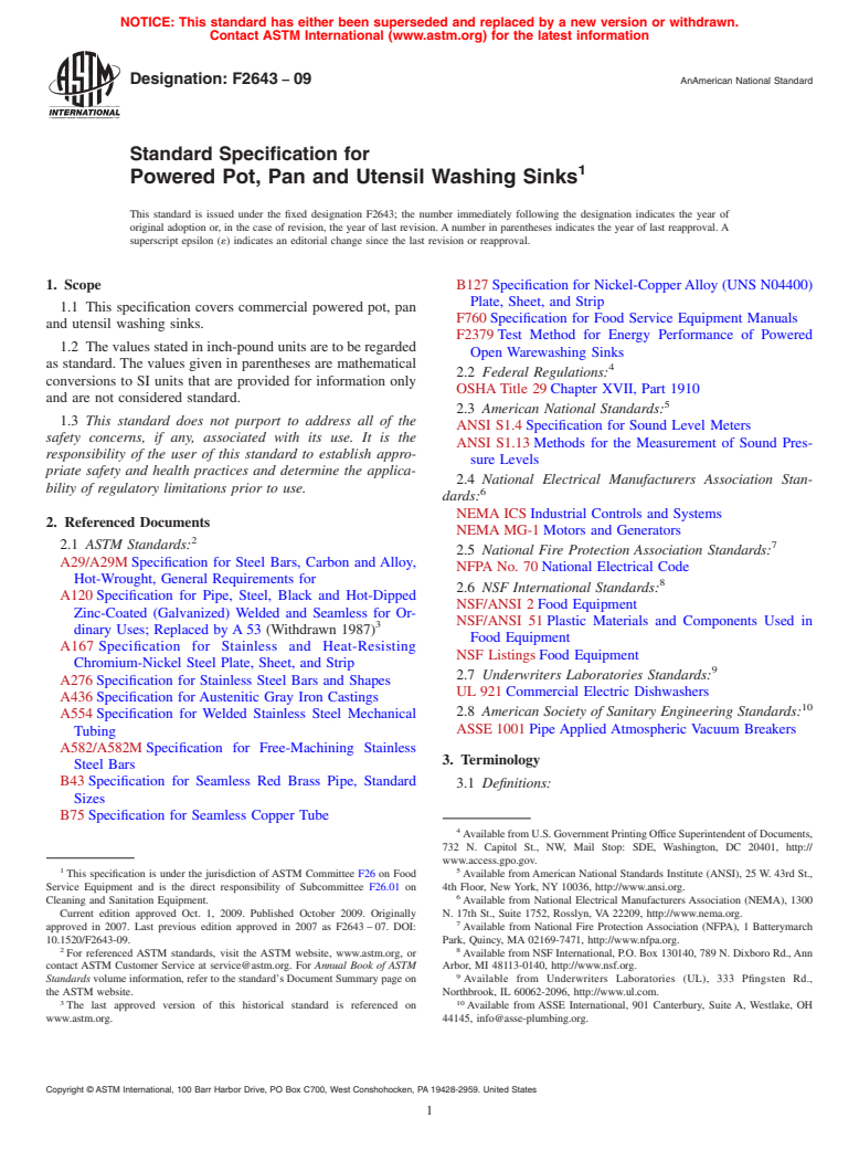 ASTM F2643-09 - Standard Specification for Powered Pot, Pan and Utensil Washing Sinks