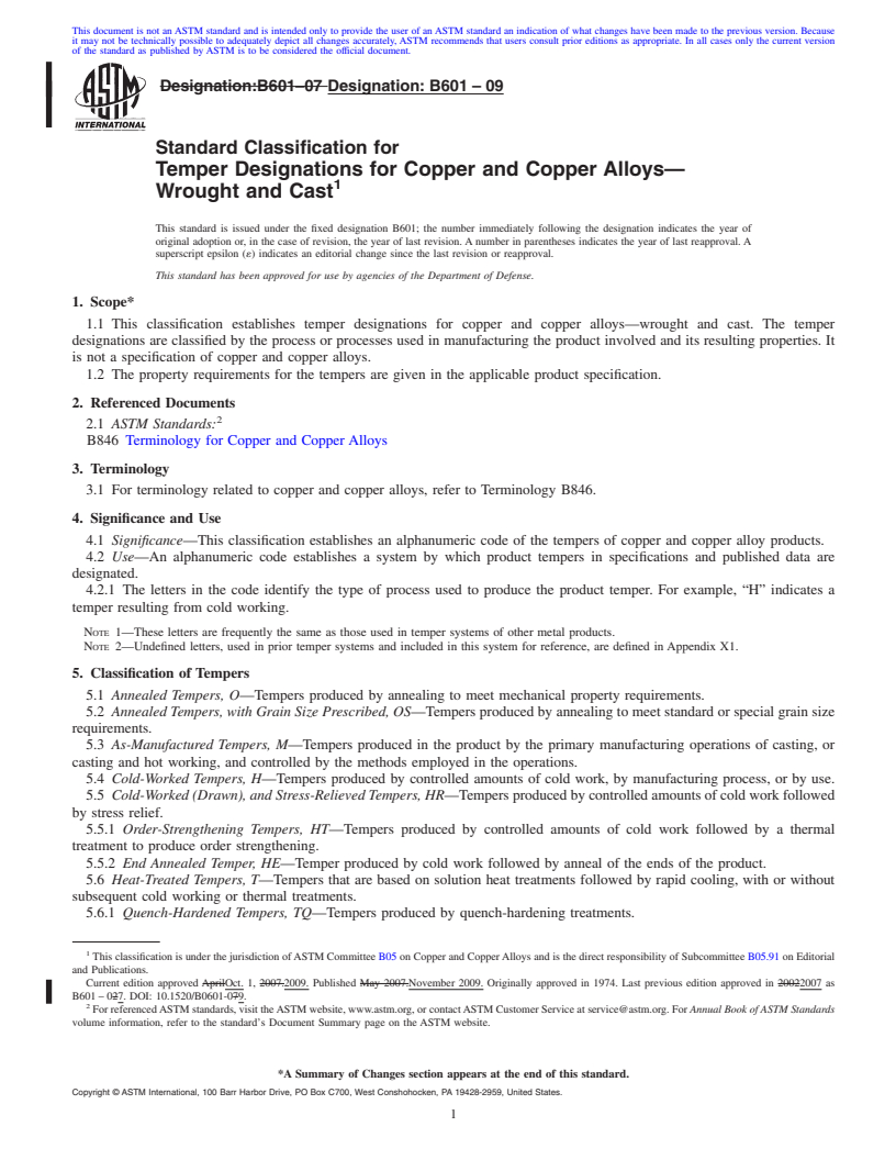 REDLINE ASTM B601-09 - Standard Classification for Temper Designations for Copper and Copper Alloys&#8212;Wrought and Cast