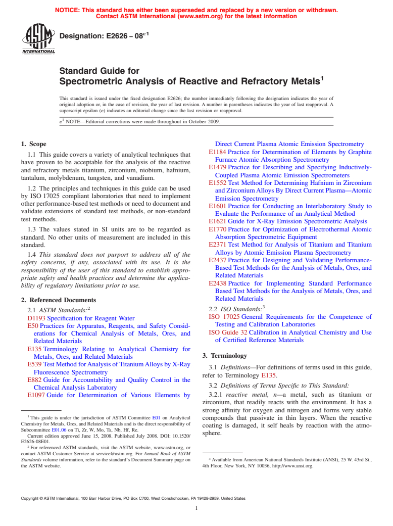 ASTM E2626-08e1 - Standard Guide for Spectrometric Analysis of Reactive and Refractory Metals (Withdrawn 2017)