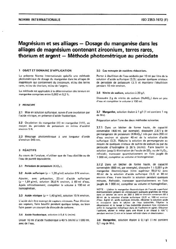 ISO 2353:1972 - Magnésium et ses alliages -- Dosage du manganese dans les alliages de magnésium contenant zirconium, terres rares, thorium et argent -- Méthode photométrique au périodate
