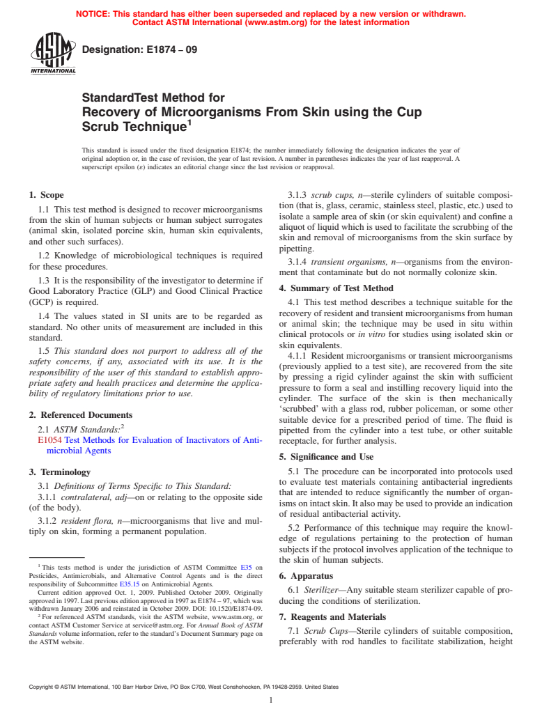 ASTM E1874-09 - Standard Test Method for Recovery of Microorganisms from Skin using the Cup Scrub Technique