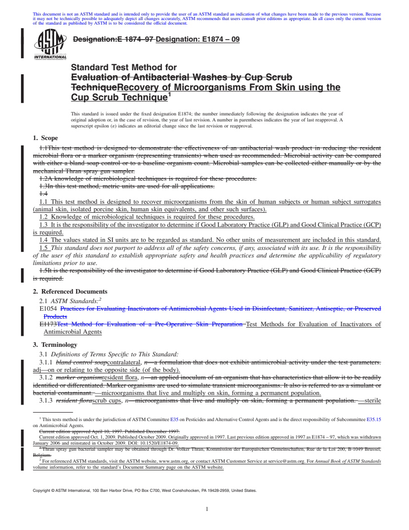 REDLINE ASTM E1874-09 - Standard Test Method for Recovery of Microorganisms from Skin using the Cup Scrub Technique