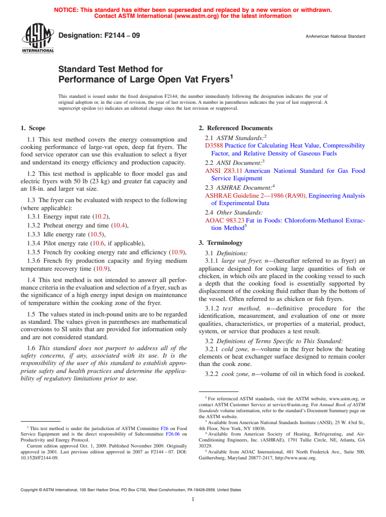 ASTM F2144-09 - Standard Test Method for Performance of Large Open Vat Fryers