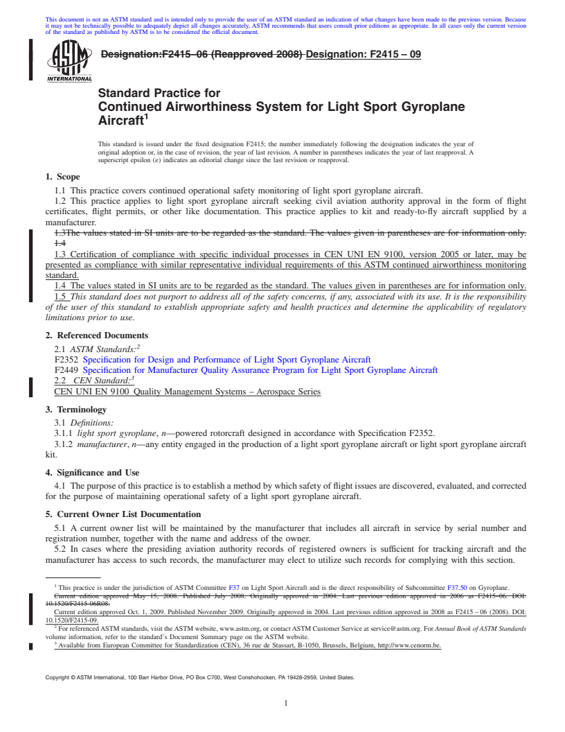 REDLINE ASTM F2415-09 - Standard Practice for Continued Airworthiness System for Light Sport Gyroplane Aircraft