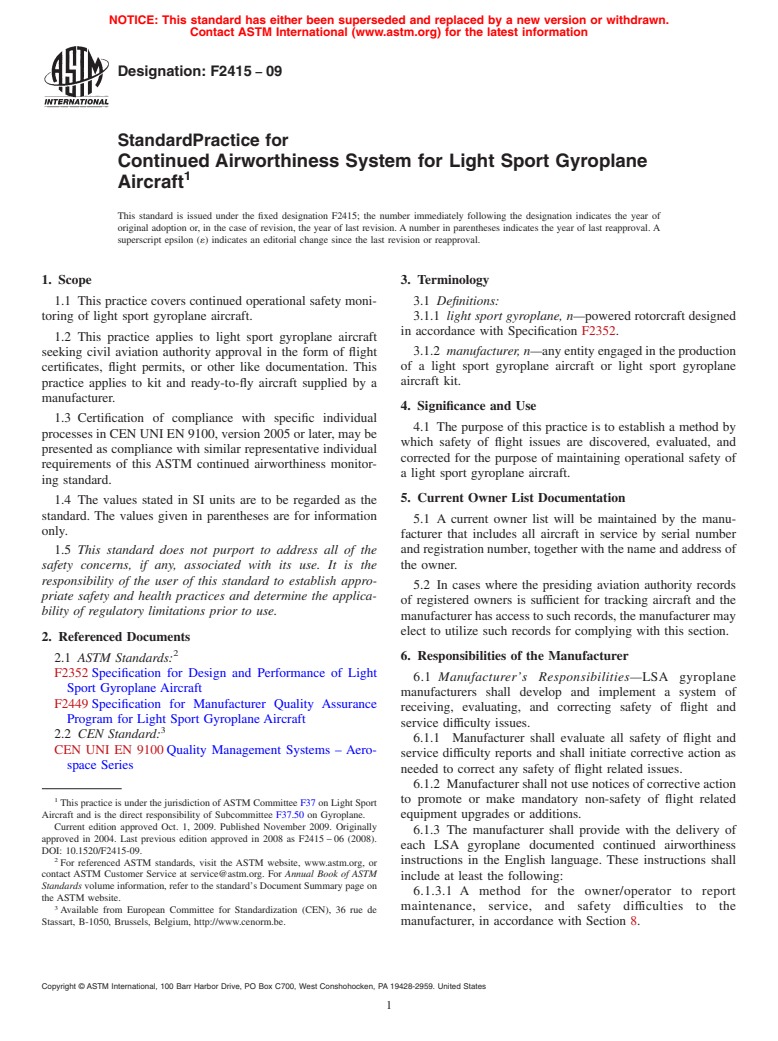 ASTM F2415-09 - Standard Practice for Continued Airworthiness System for Light Sport Gyroplane Aircraft