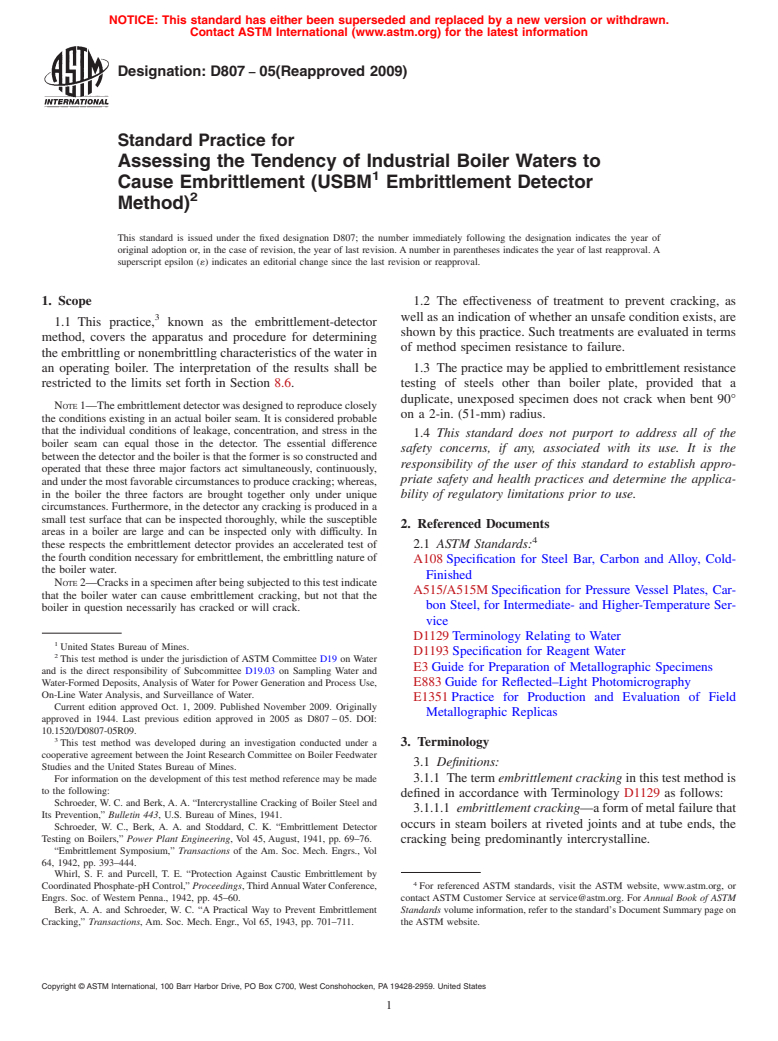 ASTM D807-05(2009) - Standard Practice for Assessing the Tendency of Industrial Boiler Waters to Cause Embrittlement (USBM Embrittlement Detector Method)