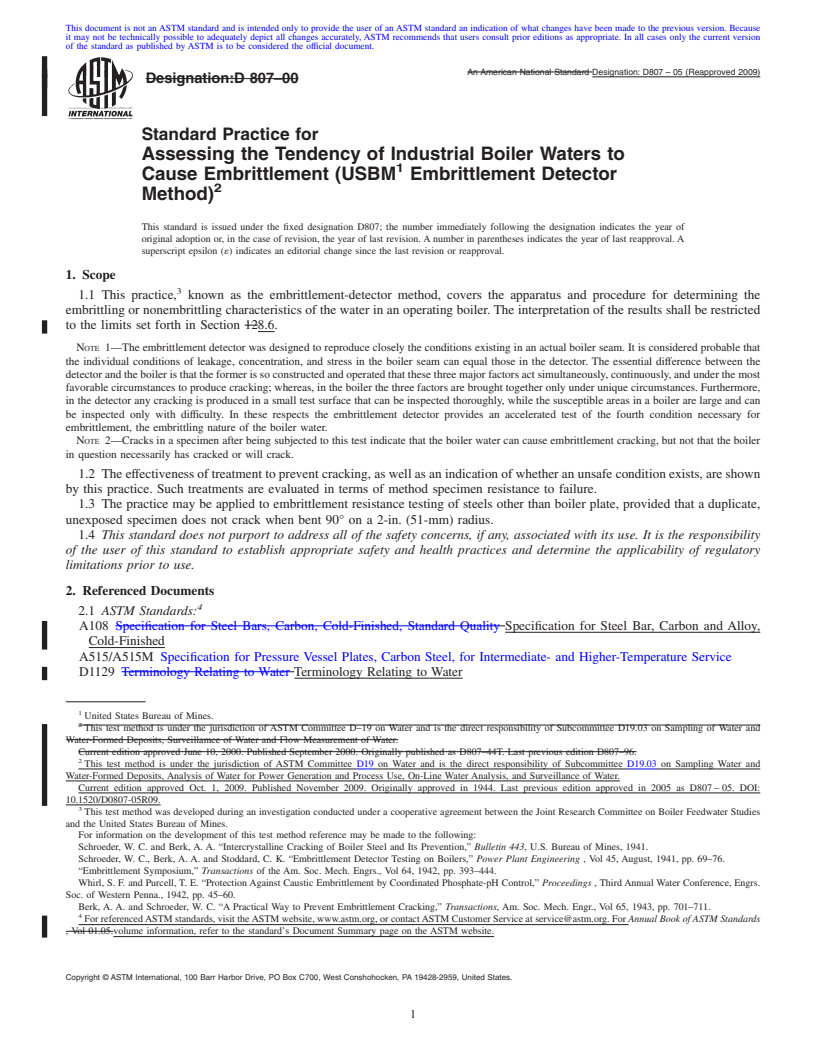 REDLINE ASTM D807-05(2009) - Standard Practice for Assessing the Tendency of Industrial Boiler Waters to Cause Embrittlement (USBM Embrittlement Detector Method)