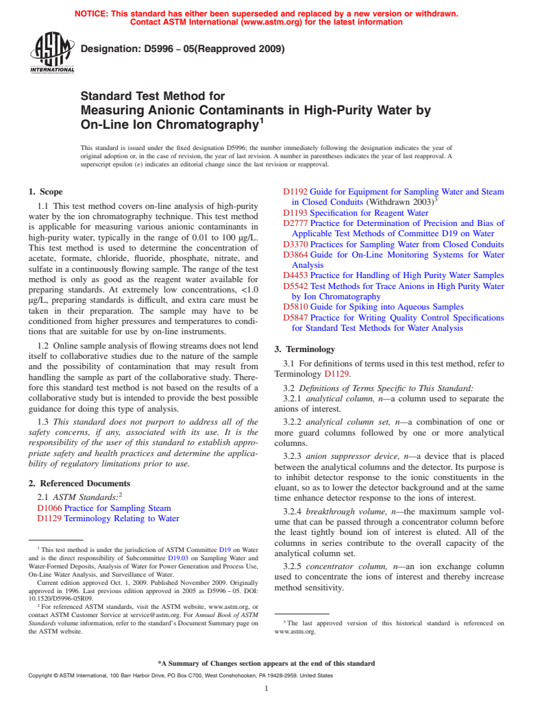 ASTM D5996-05(2009) - Standard Test Method for Measuring Anionic Contaminants in High-Purity Water by On-Line Ion Chromatography