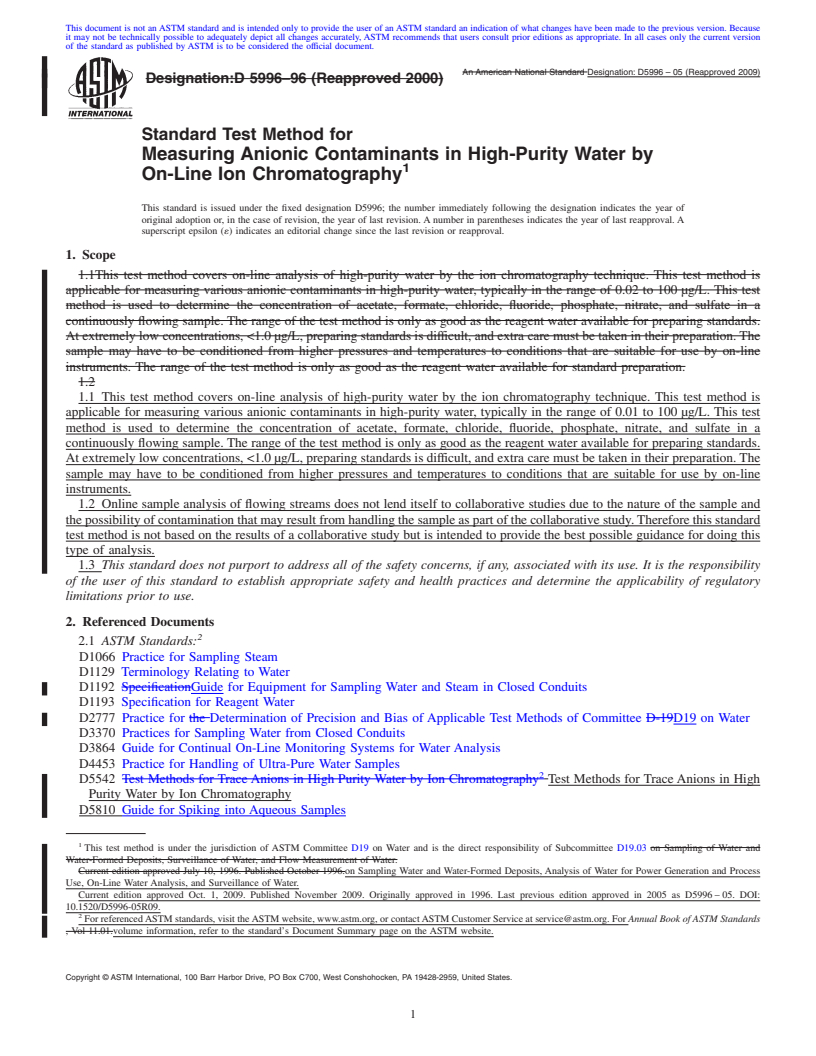 REDLINE ASTM D5996-05(2009) - Standard Test Method for Measuring Anionic Contaminants in High-Purity Water by On-Line Ion Chromatography