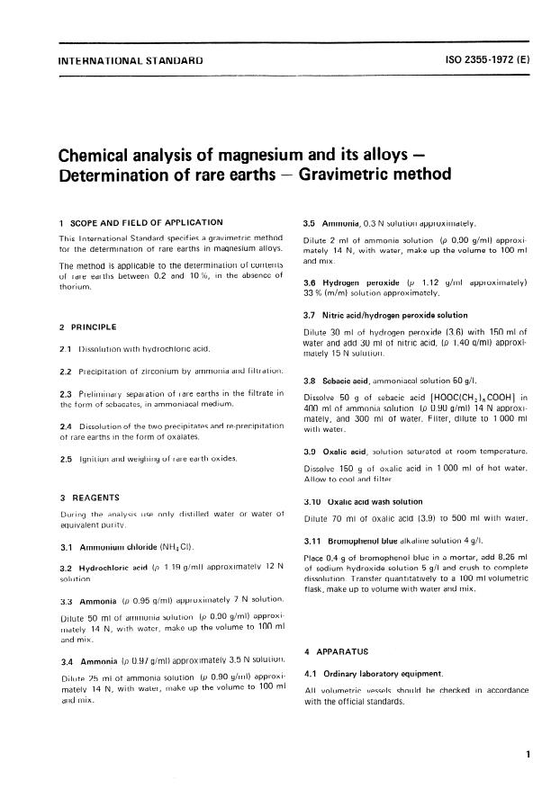 ISO 2355:1972 - Chemical analysis of magnesium and its alloys -- Determination of rare earths -- Gravimetric method