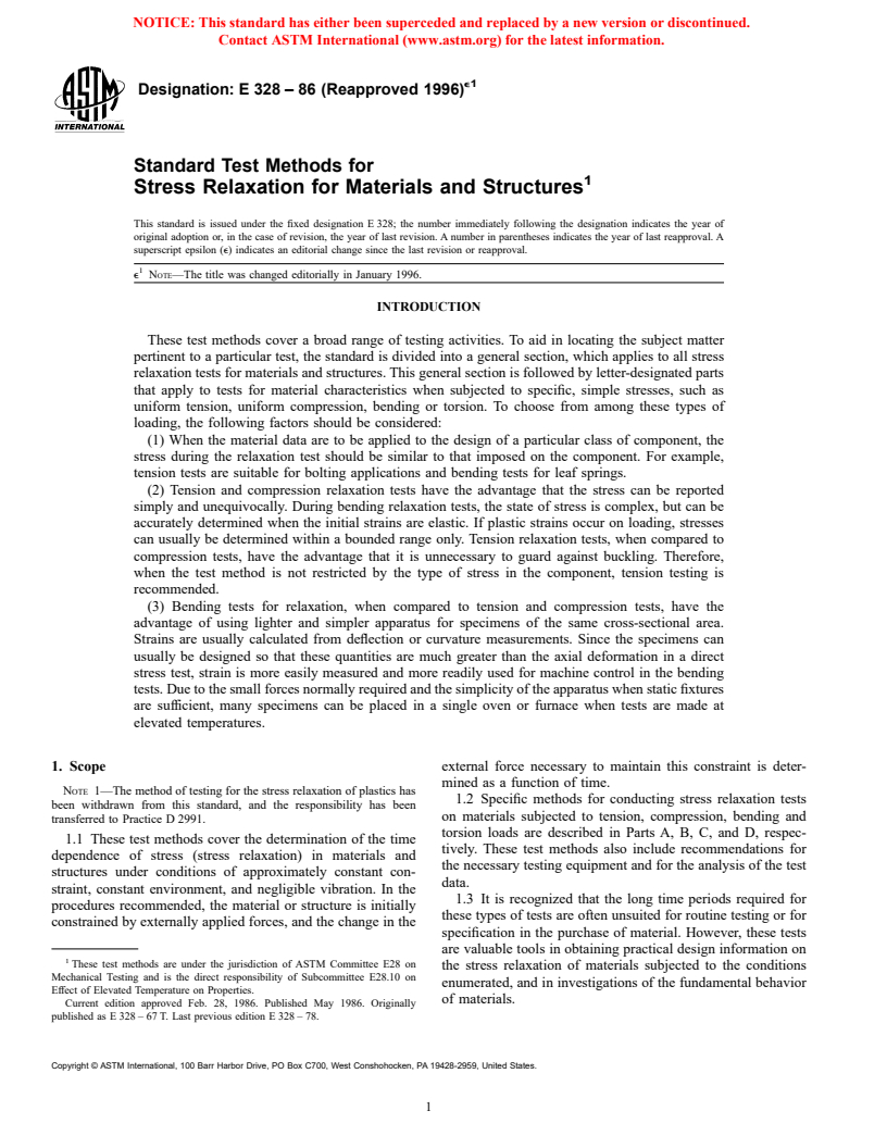 ASTM E328-86(1996)e1 - Standard Test Methods for Stress Relaxation Tests for Materials and Structures