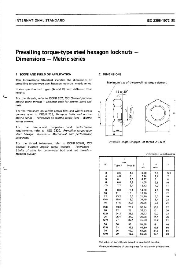 ISO 2358:1972 - Prevailing torque-type steel hexagon locknuts -- Dimensions -- Metric series