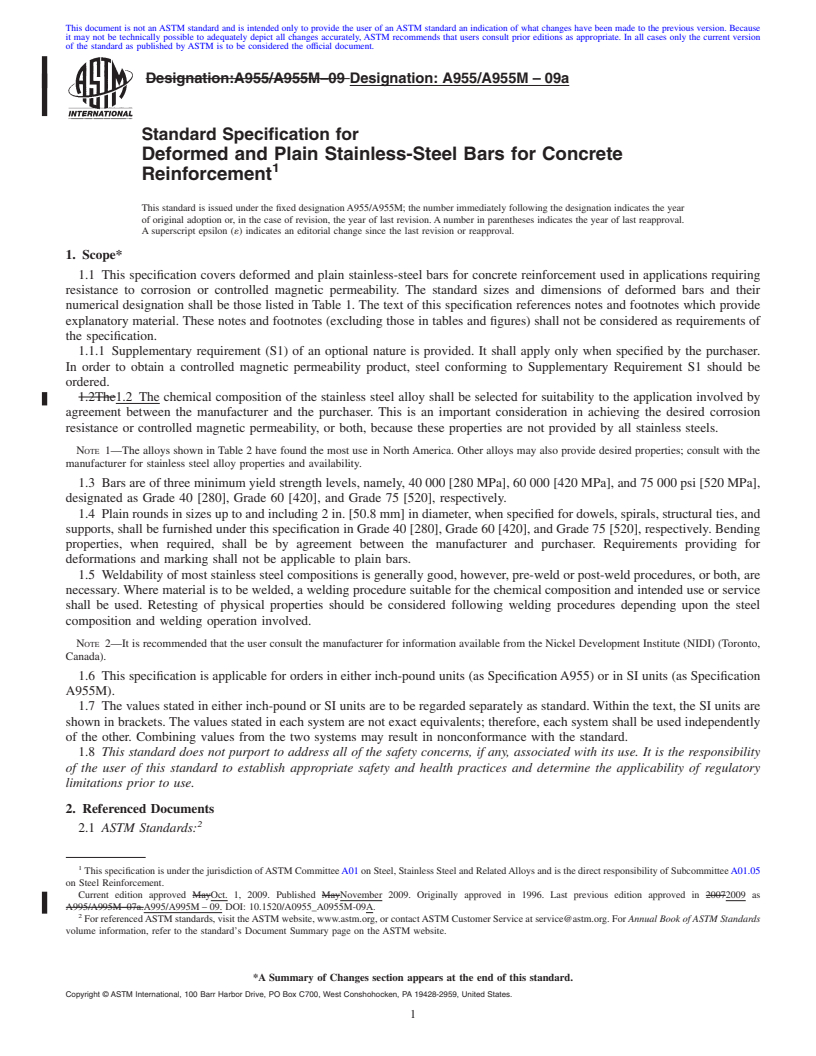 REDLINE ASTM A955/A955M-09a - Standard Specification for Deformed and Plain Stainless-Steel Bars for Concrete Reinforcement