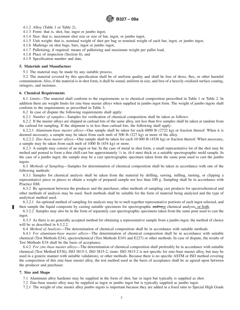 REDLINE ASTM B327-09a - Standard Specification for Master Alloys Used in Making Zinc Die Casting Alloys