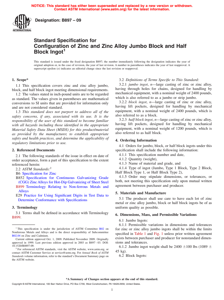 ASTM B897-09 - Standard Specification for Configuration of Zinc and Zinc Alloy Jumbo Block and Half Block Ingot