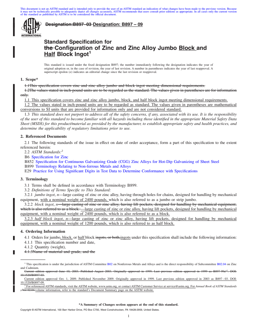 REDLINE ASTM B897-09 - Standard Specification for Configuration of Zinc and Zinc Alloy Jumbo Block and Half Block Ingot