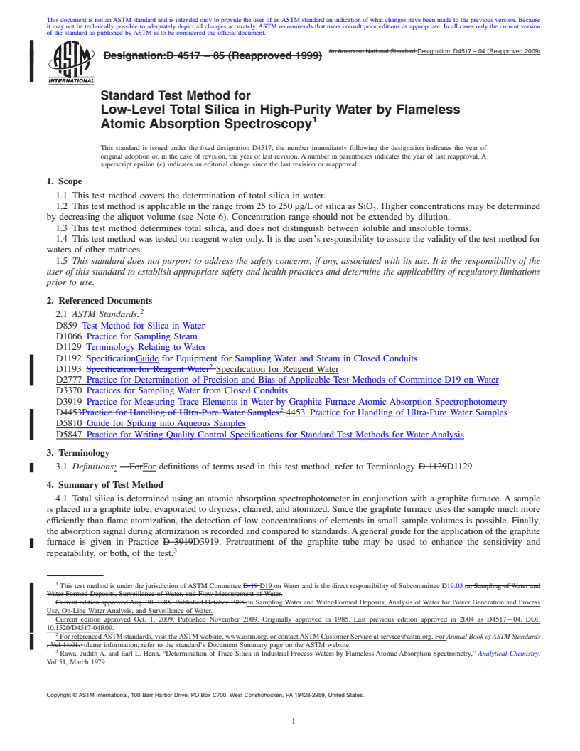 REDLINE ASTM D4517-04(2009) - Standard Test Method for Low-Level Total Silica in High-Purity Water by Flameless Atomic Absorption Spectroscopy