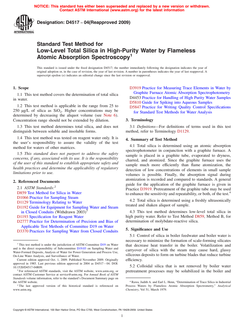 ASTM D4517-04(2009) - Standard Test Method for Low-Level Total Silica in High-Purity Water by Flameless Atomic Absorption Spectroscopy