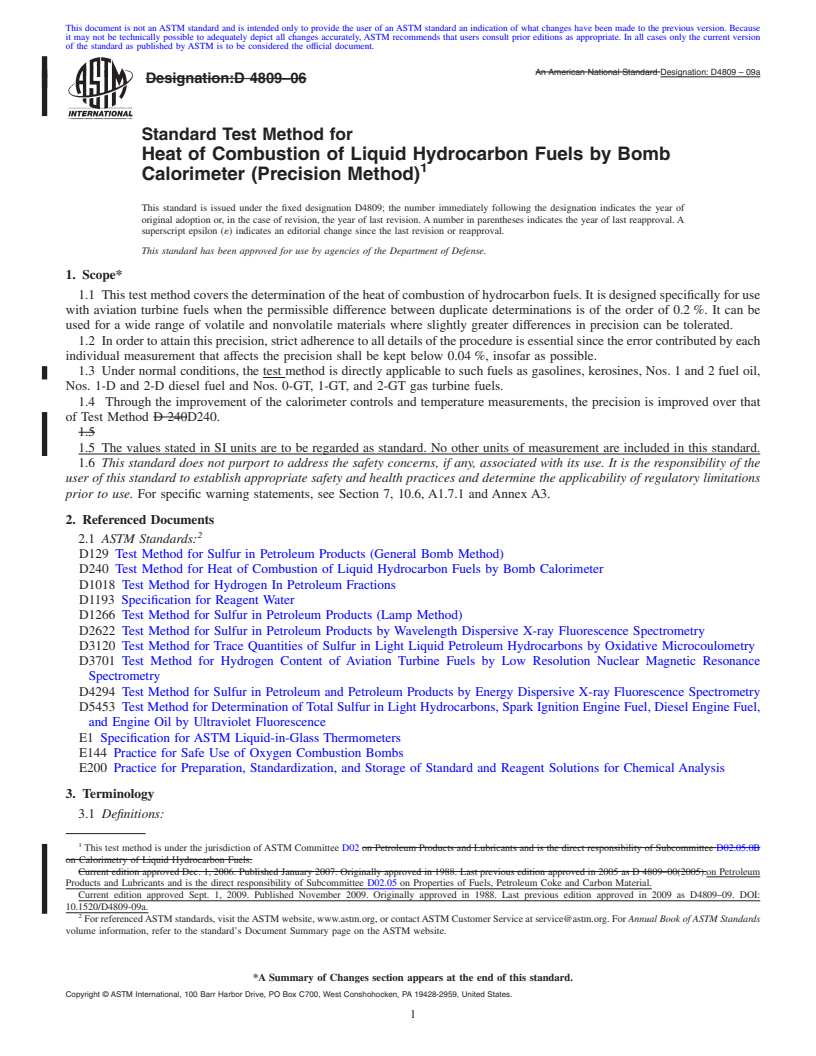 REDLINE ASTM D4809-09a - Standard Test Method for Heat of Combustion of Liquid Hydrocarbon Fuels by Bomb Calorimeter (Precision Method)