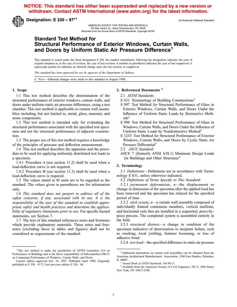 ASTM E330-97e1 - Standard Test Method for Structural Performance of Exterior Windows, Curtain Walls, and Doors by Uniform Static Air Pressure Difference