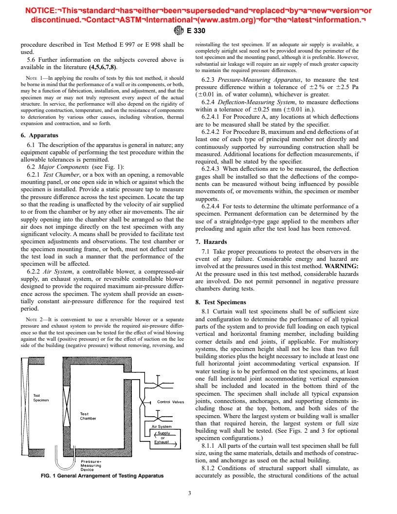 ASTM E330-97e1 - Standard Test Method for Structural Performance of Exterior Windows, Curtain Walls, and Doors by Uniform Static Air Pressure Difference